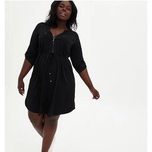 Black Challis Zip Front Drawstring Shirt Dress